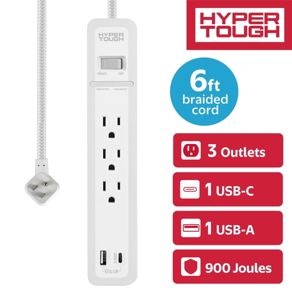 Hyper Tough Surge Protector Power Strip with USB Ports, 3 Outlets, 6ft White Cord