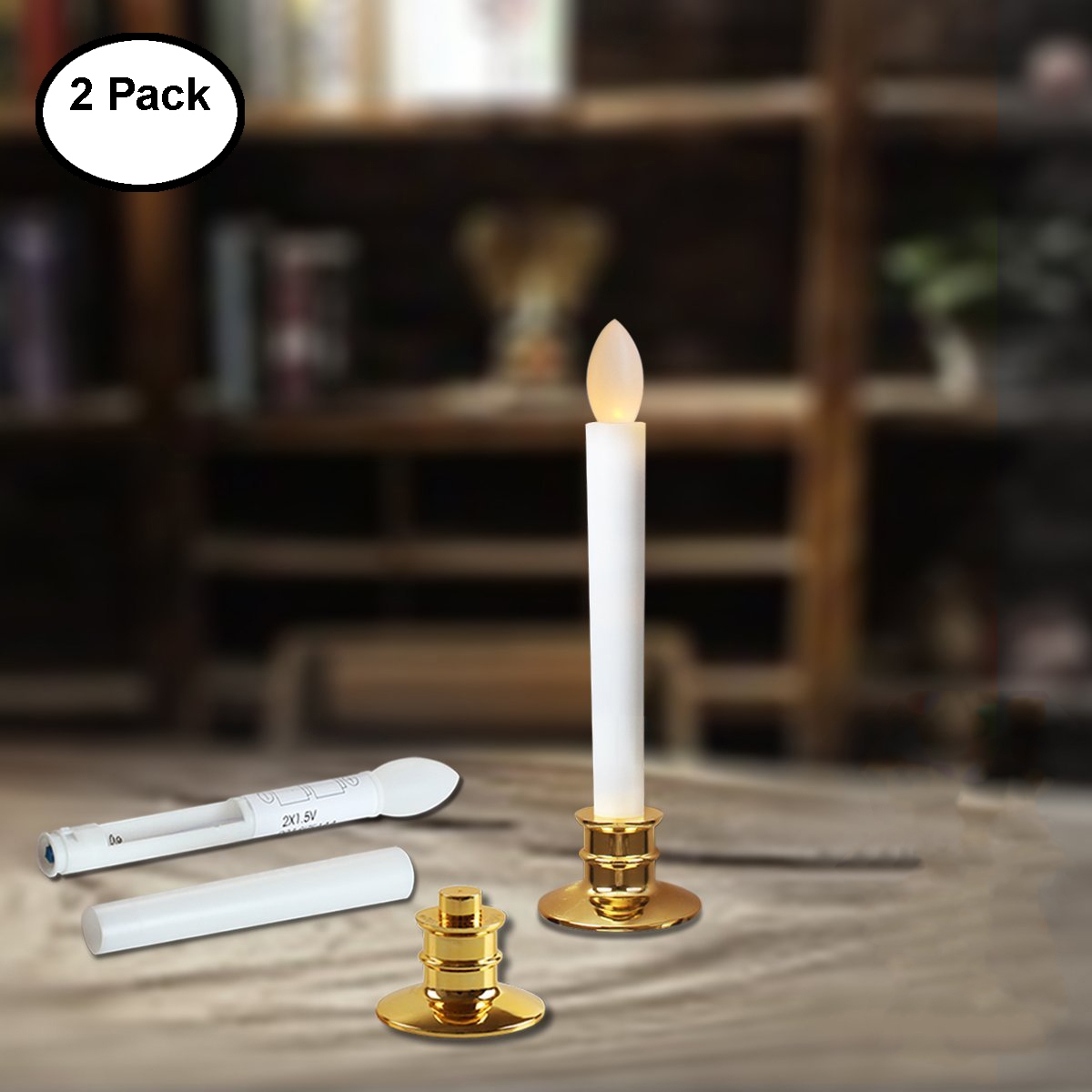 Flameless Taper Window Candles with Holders LED Candles Holiday Wedding Party Decoration - Gold Base, Pack of 2