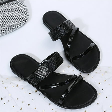 

Cathalem Casual Sandals for Women Low Heel Shoes Roman Shoes Ladies Flat Solid Color Rhinestone Fashion Sandals for Women Dressy Black 6.5