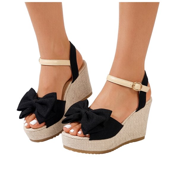 Rokment Womens Bowknot Wedge Dressy Sandals Elegant Open Toe Ankle Strap Platform Chunky High Heels Summer Dress Shoes for Bride Wedding Business Office