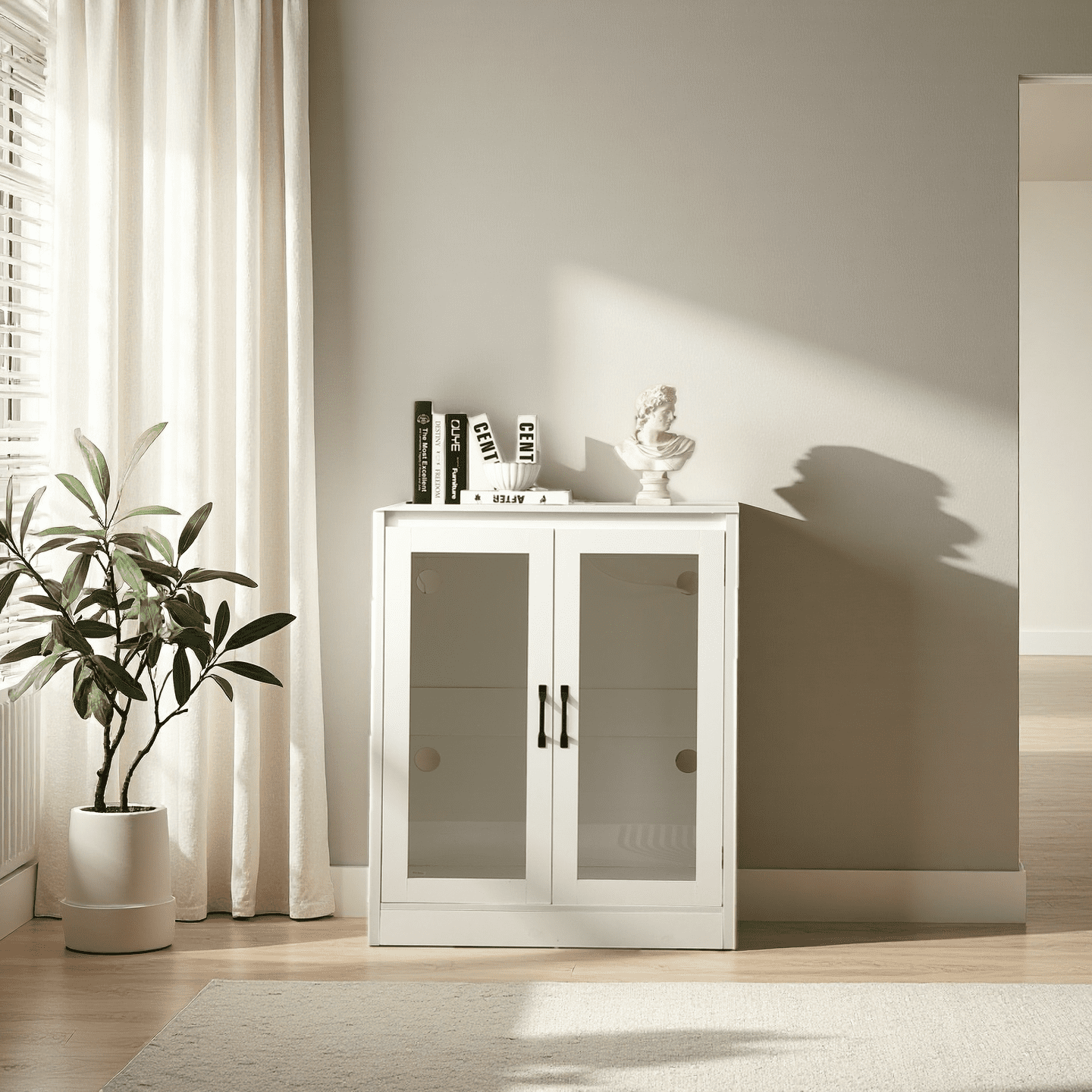 Cat Litter Enclosure with Cat-Viewing Glass Doors, Litter Cabinet with Power Outlet and Cozy LED Lights, Reversible and Optional Entry, White