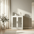 thumbnail image 3 of Cat Litter Enclosure with Cat-Viewing Glass Doors, Litter Cabinet with Power Outlet and Cozy LED Lights, Reversible and Optional Entry, White, 3 of 9