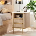thumbnail image 6 of OKD Faux Marble Tabletop Nightstand with Charging Station, Modern Luxury Wood Side Table with 2 Drawers & Gold Metal Decor for Living Room Bedroom, Natural Oak, 6 of 7