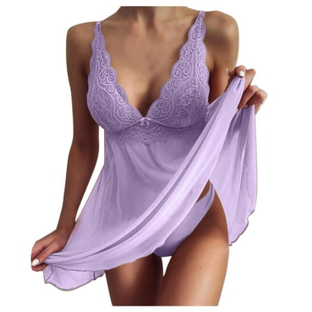 

BIZIZA Women Nightdress Sexy Lingerie Lace Outfits Nightgown Full Slip Babydoll Chemise Purple XL