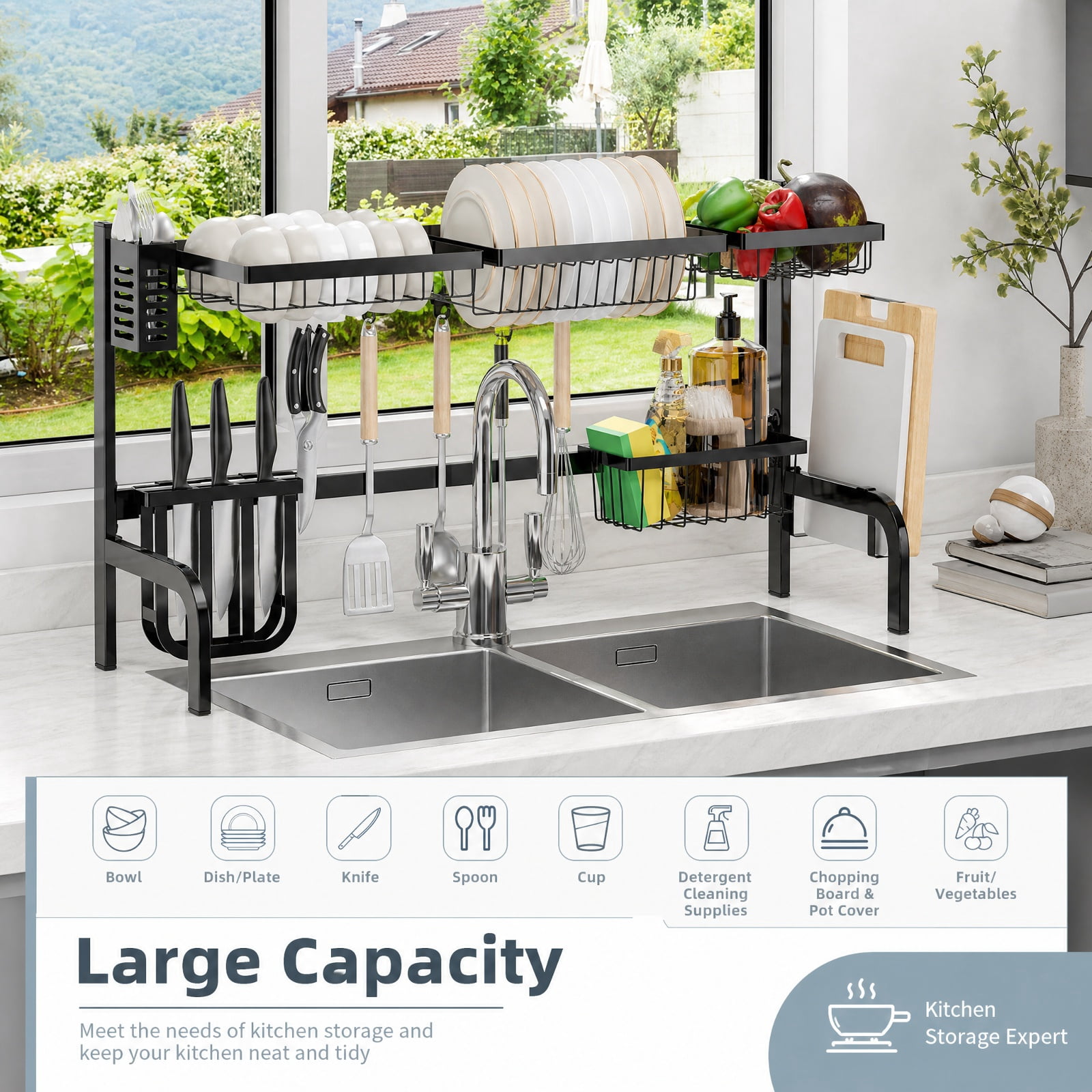 RUIE 2-Tier Over Sink Dish Drying Rack, Adjustable Dish Rack with 4 Baskets, Utensil Holder, Cutting Board Holder and 8 Hooks - Black