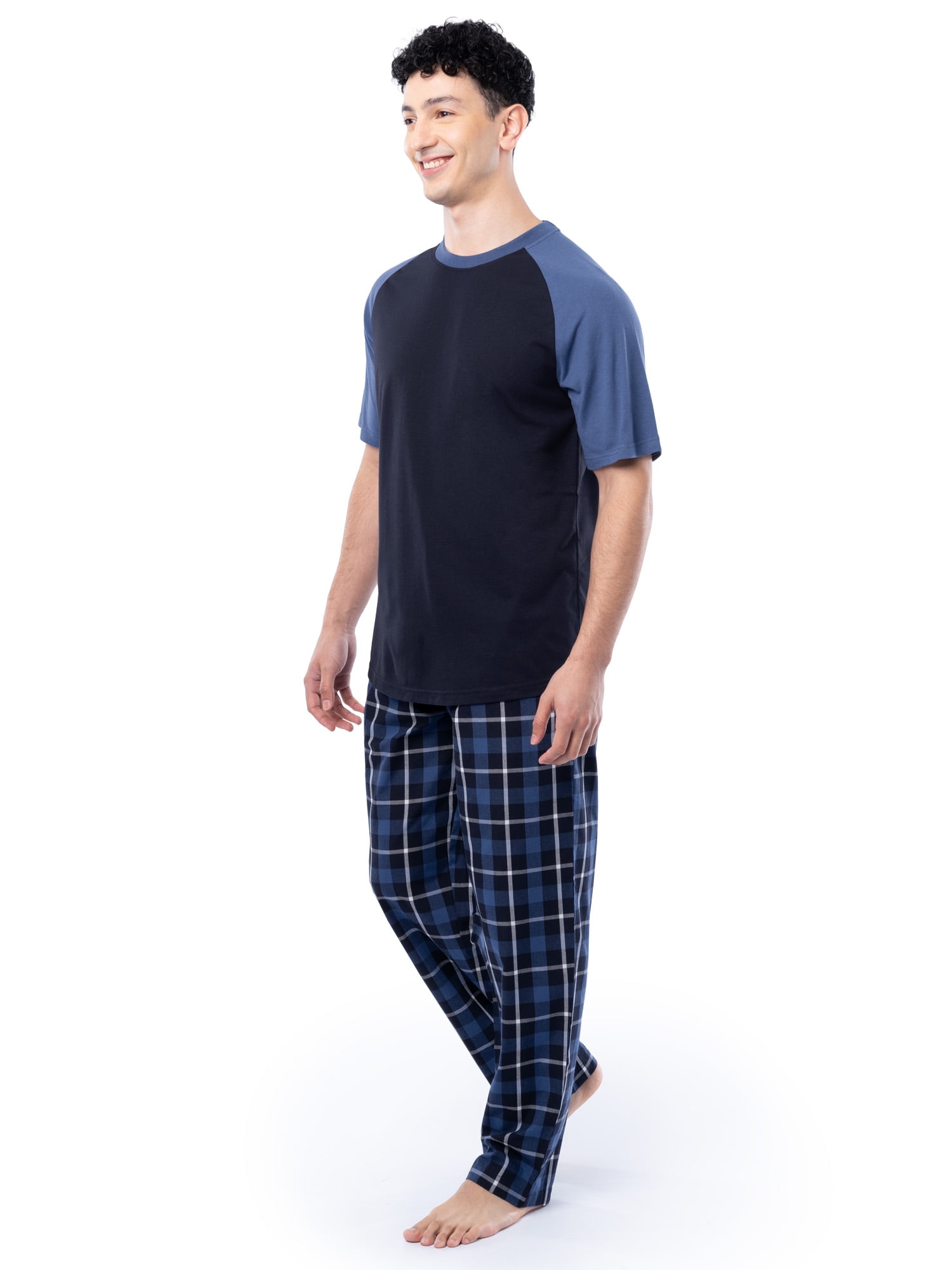 Fruit of the Loom Men's Raglan Short Sleeve T-shirt and Plaid Pajama Sleep Pant Set, Sizes S-2XL