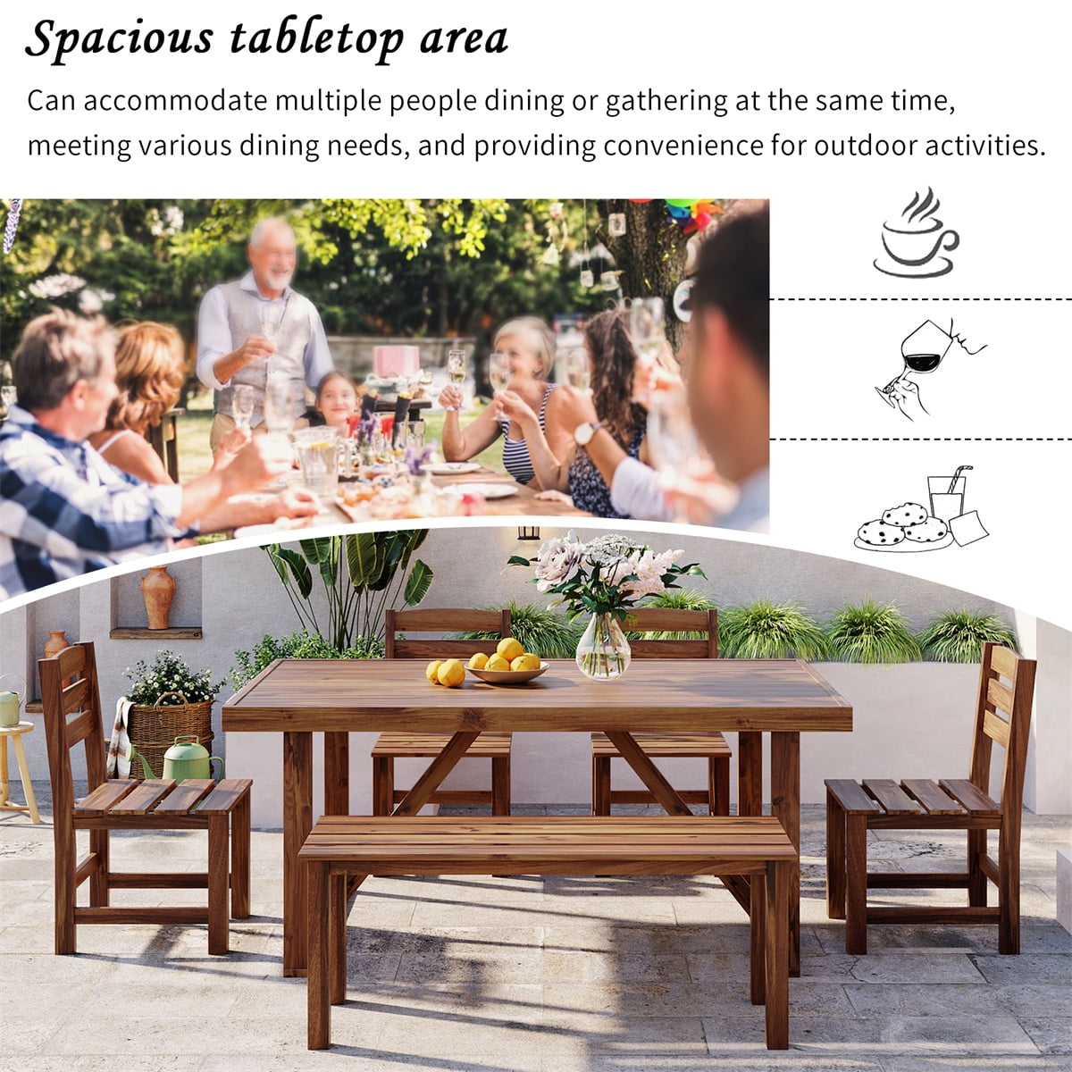 HighSound 6-Piece Outdoor Acacia Wood Dining Set, Patio Table and Chairs Set with Bench for 6-7 People, Outdoor Dining Furniture Set for Garden, Backyard and Poolside, Brown