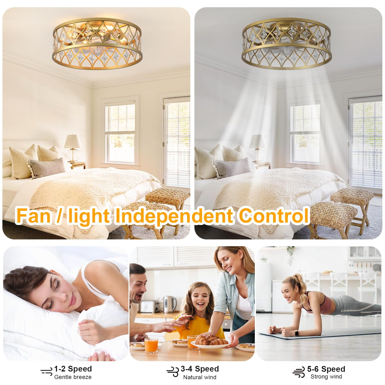 Garwarm 20" Gold Crystal Ceiling Fan with Lights and Remote, Flush Mount Fandelier, Low Profile Caged Bladeless Ceiling Fan for Bedroom, Living Room, Kitchen