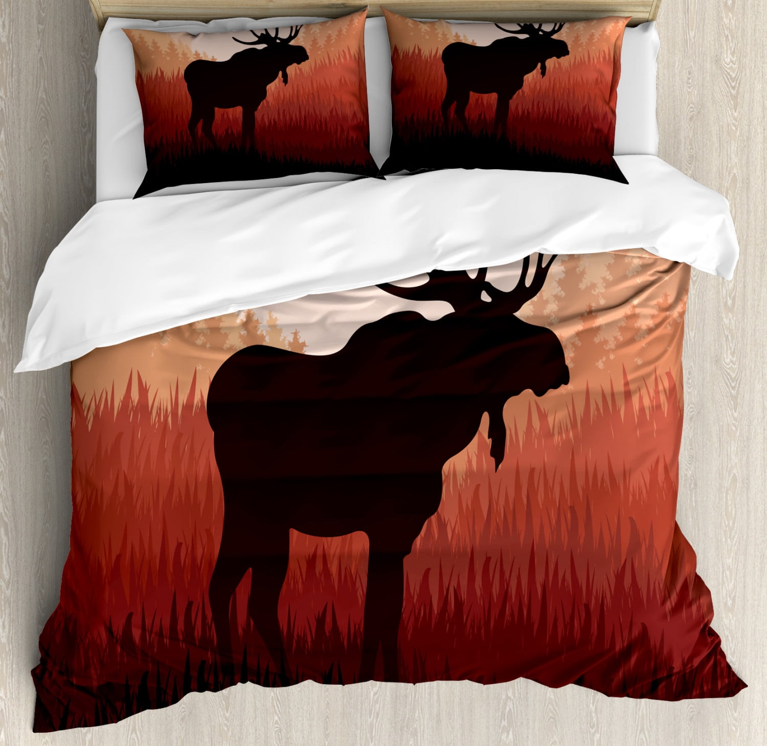 Moose King Size Duvet Cover Set, Antlers in Wild Alaska Forest Rusty