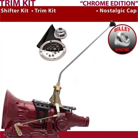 American Shifter TH400 Shifter Kit Chrome 16 in. Trim Kit Push Button Cap Black Boot Billet Knob for F2C80