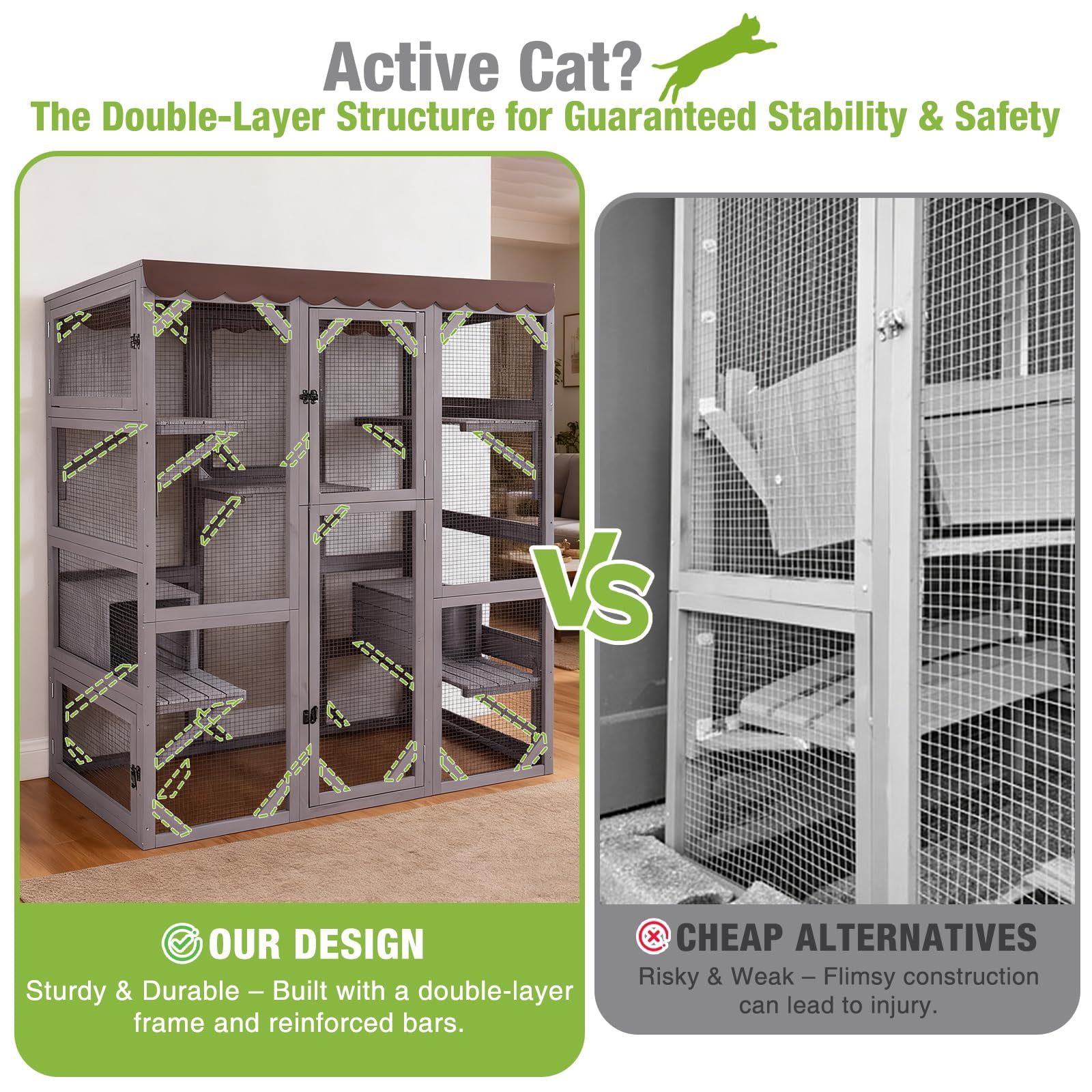 Aivituvin 70" Walk-In Outdoor Catio, Large Wooden Cat House with 7 Climbing Platforms and 2 Resting Boxes, White/Gray