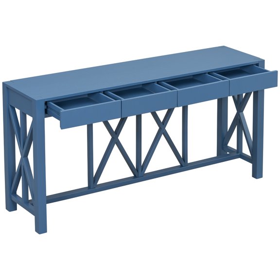 60" Acacia Veneer Console Table with 4 Drawers, Modern Farmhouse Entryway Table with Crisscross X-Leg Design & Open Bottom Storage, Sofa Table for Living Room, Hallway, Navy Blue