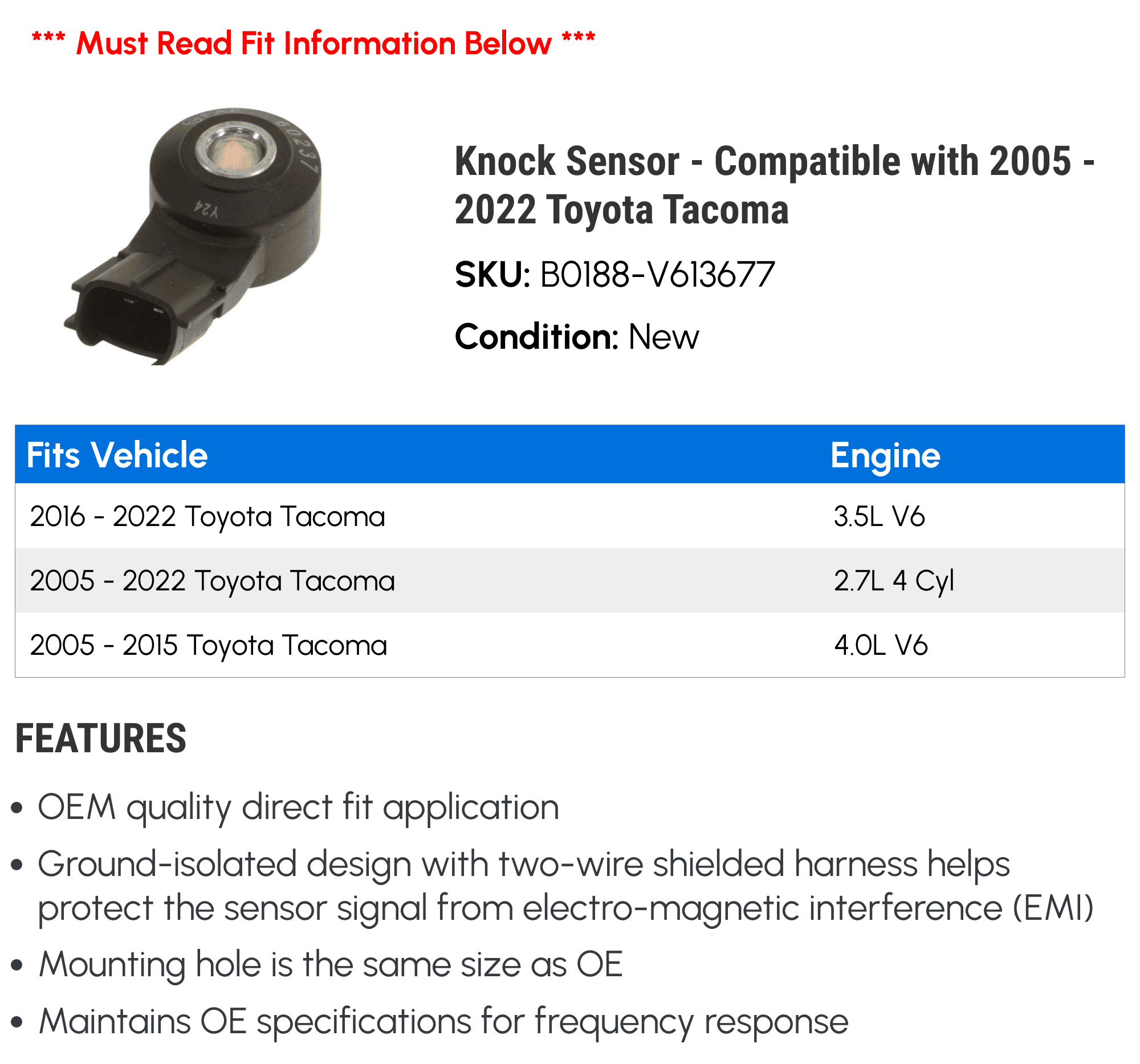 Knock Sensor - Compatible with 2005 - 2022 Toyota Tacoma 2006 2007 2008 2009 2010 2011 2012 2013 2014 2015 2016 2017 2018 2019 2020 2021