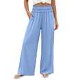 thumbnail image 3 of Women's Soft Fabric Loose Fit Straight Leg Casual Pants, Pull On Elastic Waist Tummy Control Mid Waisted, Lightweight Solid Color Functional Pockets, Versatile for Work | TruBelle,Blue S, 3 of 9