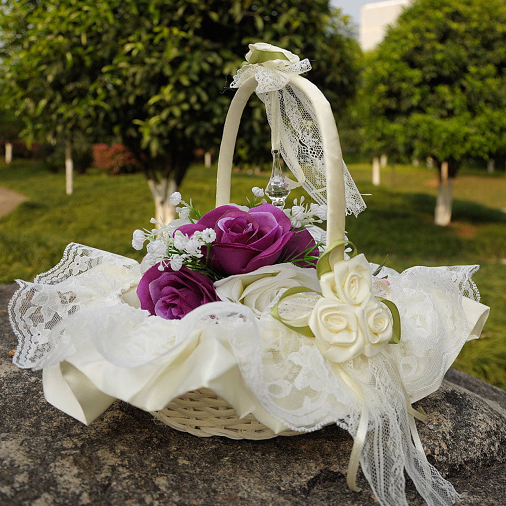 Wedding Lace Crystal Ribbon Bowknot Flower Girl Basket Ring Petals Simulation 