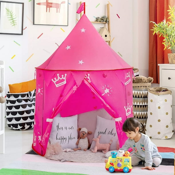 Tienda de juegos de princesa rosa para niños, casa de juegos Opret con castillo desplegable para niñas y niños, tienda de juegos fácil de montar con bolsa de almacenamiento para interior y exterior.