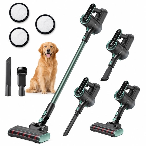 KingFurt Cordless Stick Vacuum Cleaner, Self-Standing, Green LED, Touch Screen, for Pet Hair and Hardwood Floors