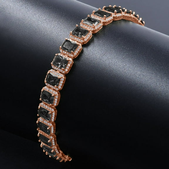 14K Rose Gold Finish Onyx Black Simulated Diamonds Solitaire Mens Ladies Bracelet 10mm / 8.5 Inch
