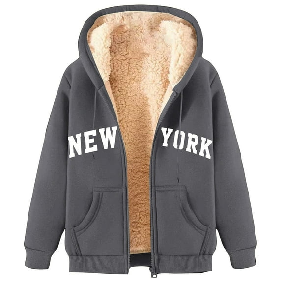 FNFHFY Zip Up Hoodies for Women Thicken Fleece Lined Hoodie Trendy Letter Printed Hooded Sweatshirts Fall Winter Thermal Jackets