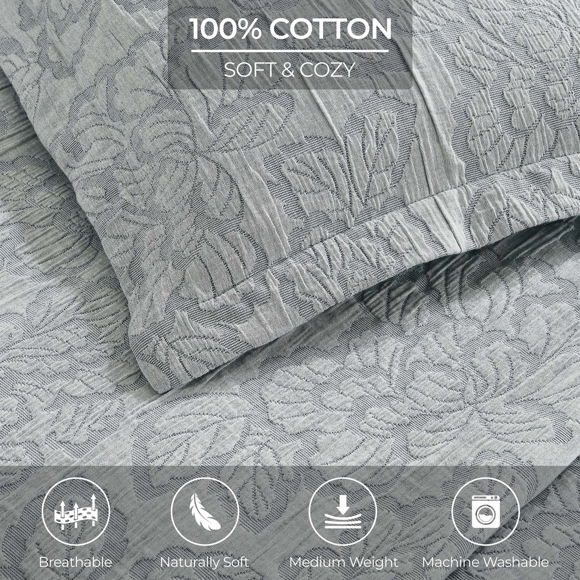 Superior Hibiscus Cotton Matelasse Bedspread and Sham Set, 3-Piece Dual Tone Modern Bedspreads, California King, Gray