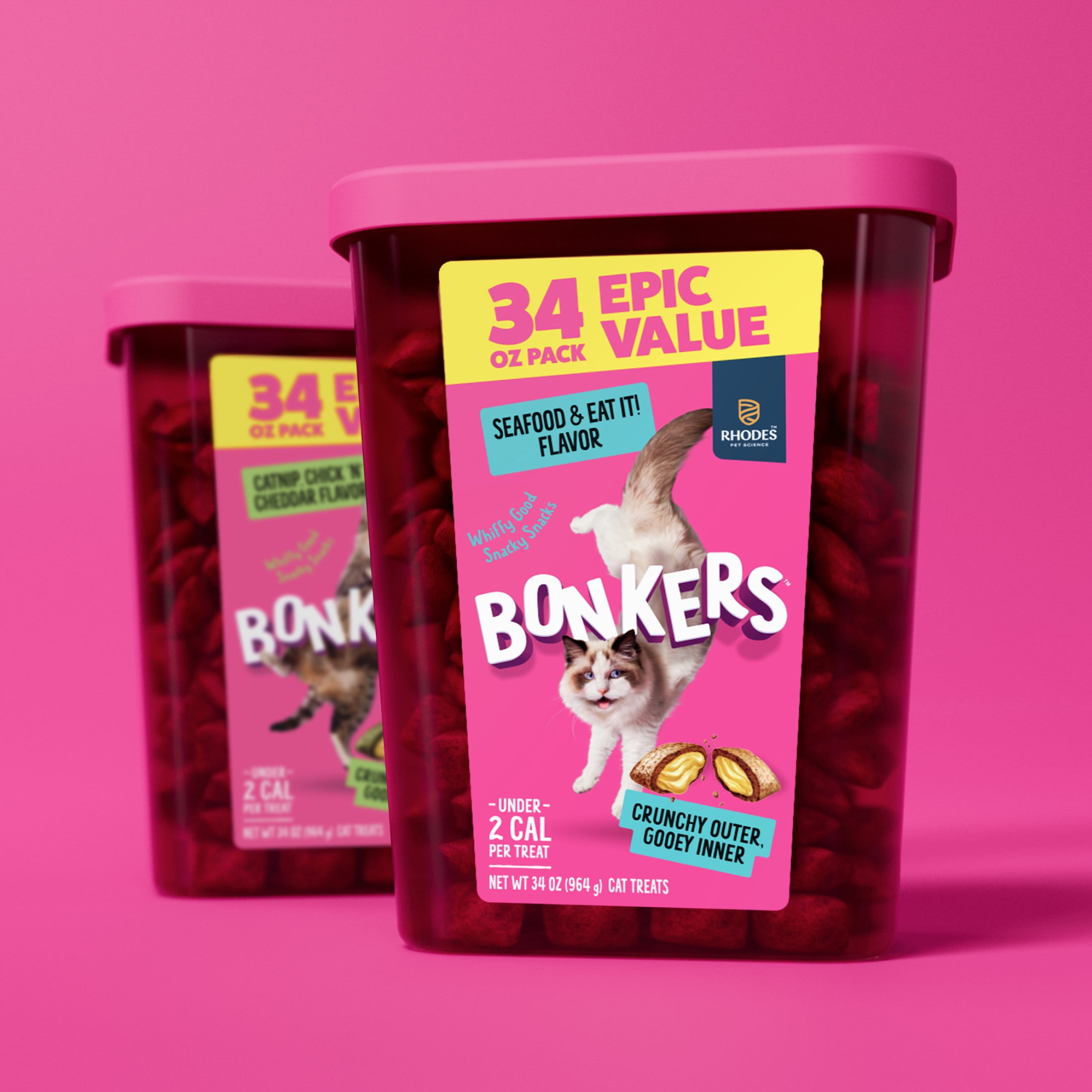 BONKERS Bites Seafood & Eat It Flavor Crunchy & Soft Treats for Cats, 34oz Tub