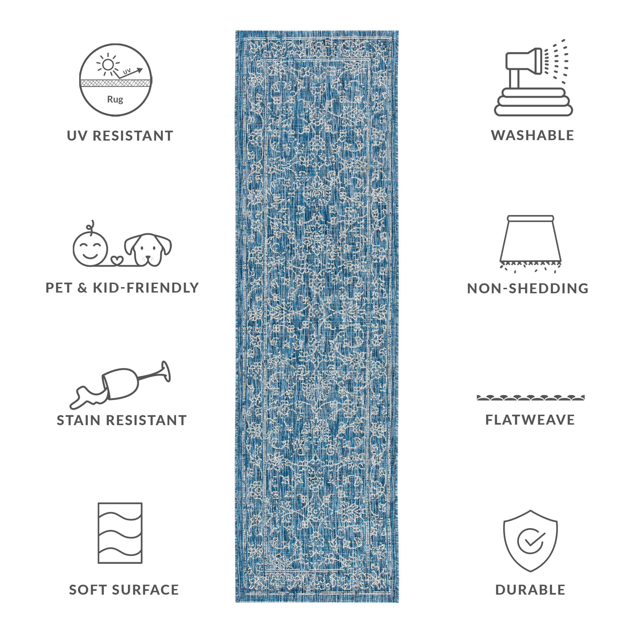 SAFAVIEH Courtyard Darin Traditional Indoor/Outdoor Runner, 2'3" x 10', Navy/Ivory
