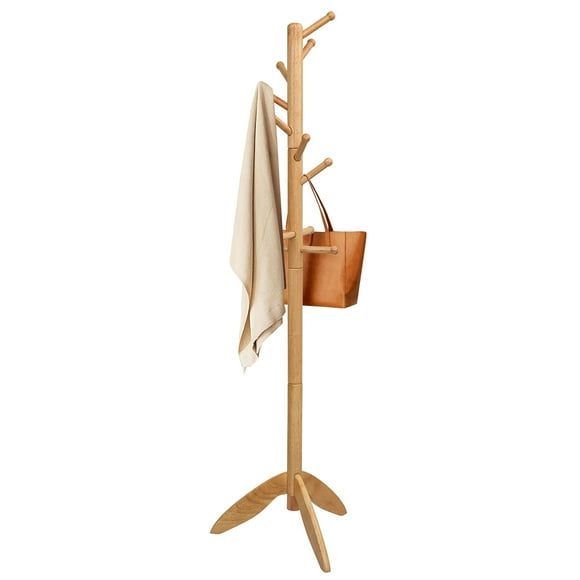 Giantex Wooden Coat Rack Stand, Coat Tree w/11 Hooks & 2 Adjustable Height, Floor Free Standing for Bedroom, Office, Hallway, Entryway, Easy to Assemble, Oak