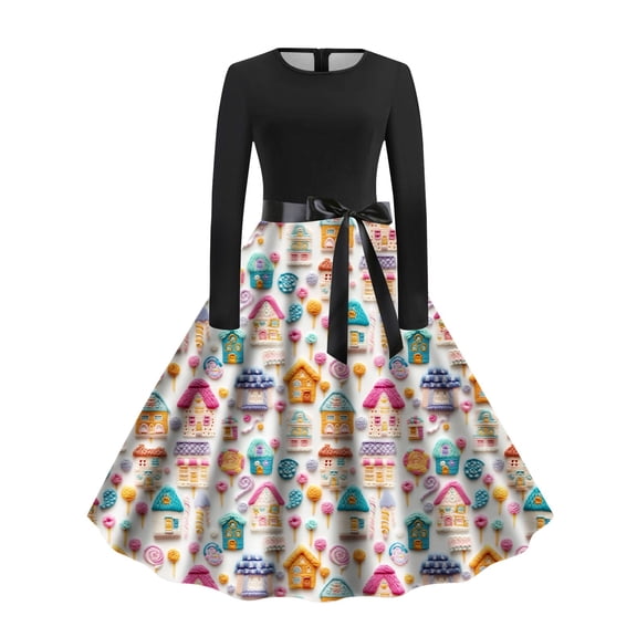 Women's Casual Dress Autumn Winter Christmas Print Retro Long Sleeve Crew Neck Lace Up Flowy Comfortable Stylish Party Holiday Outfit