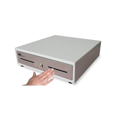 HK SYSTEMS Tiroir-Caisse Compact Robuste Blanc à Ouverture Manuelle par Pression de 13\ avec 4 Billets /5 Pcs, devant en Acier Inoxydable"