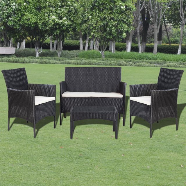 vidaXL Ensemble de Salon de Jardin 4 Pcs avec Coussins en Rotin Poly Noir