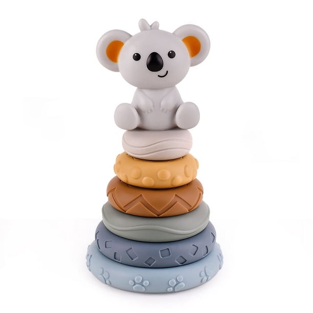 Juguete apilable de torre suave de 7 piezas, juguete de dentición para bebé Montessori con estatuilla de Koala, juguetes de educación temprana, regalos para bebés de 6, 9, 12, 18 meses, 1 año y 2 años Rojo Verde