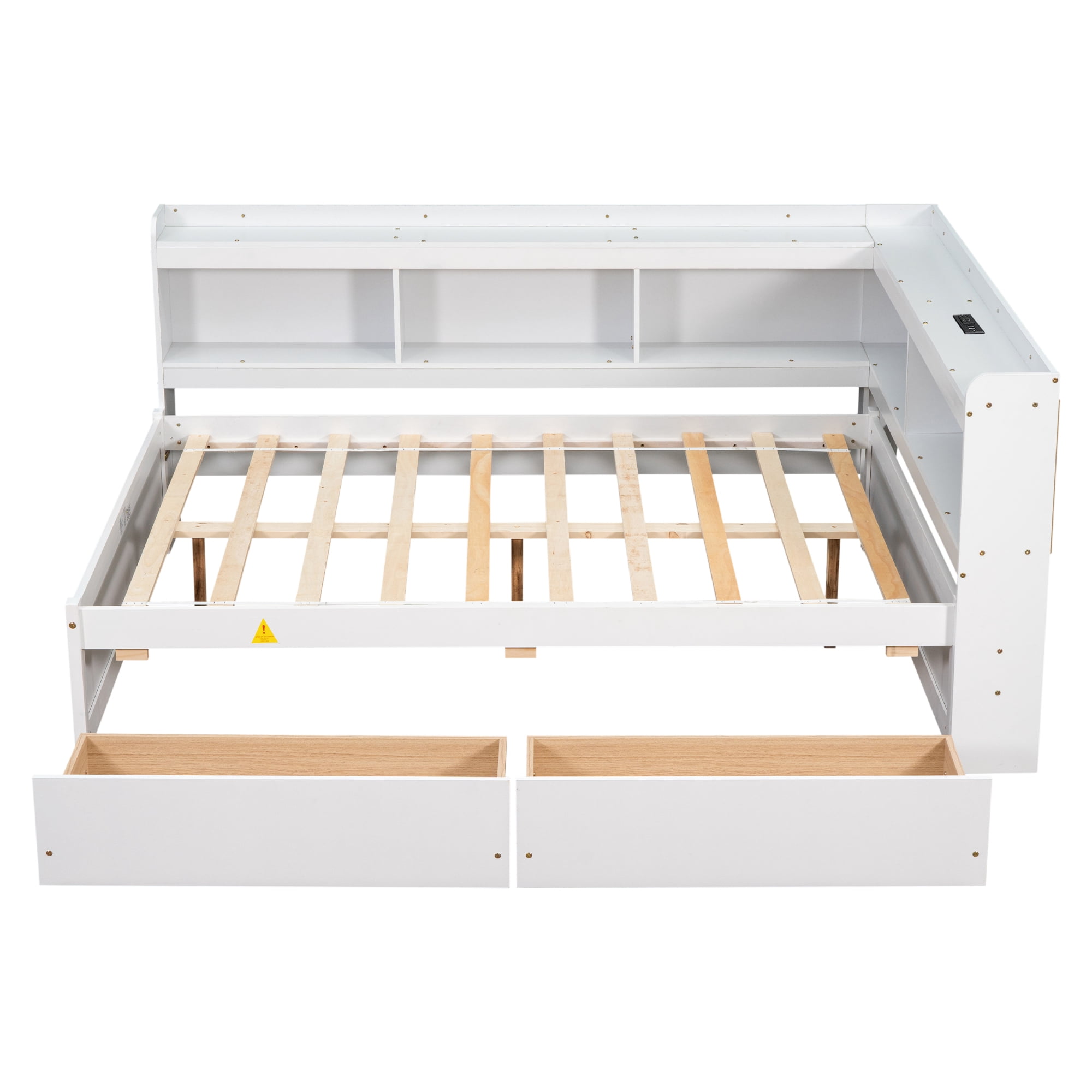 Leumius Full Size L-shaped Bookcases Bed with Power Outlets, USB Charging Ports,Two Drawers for Boys Girls Whtie