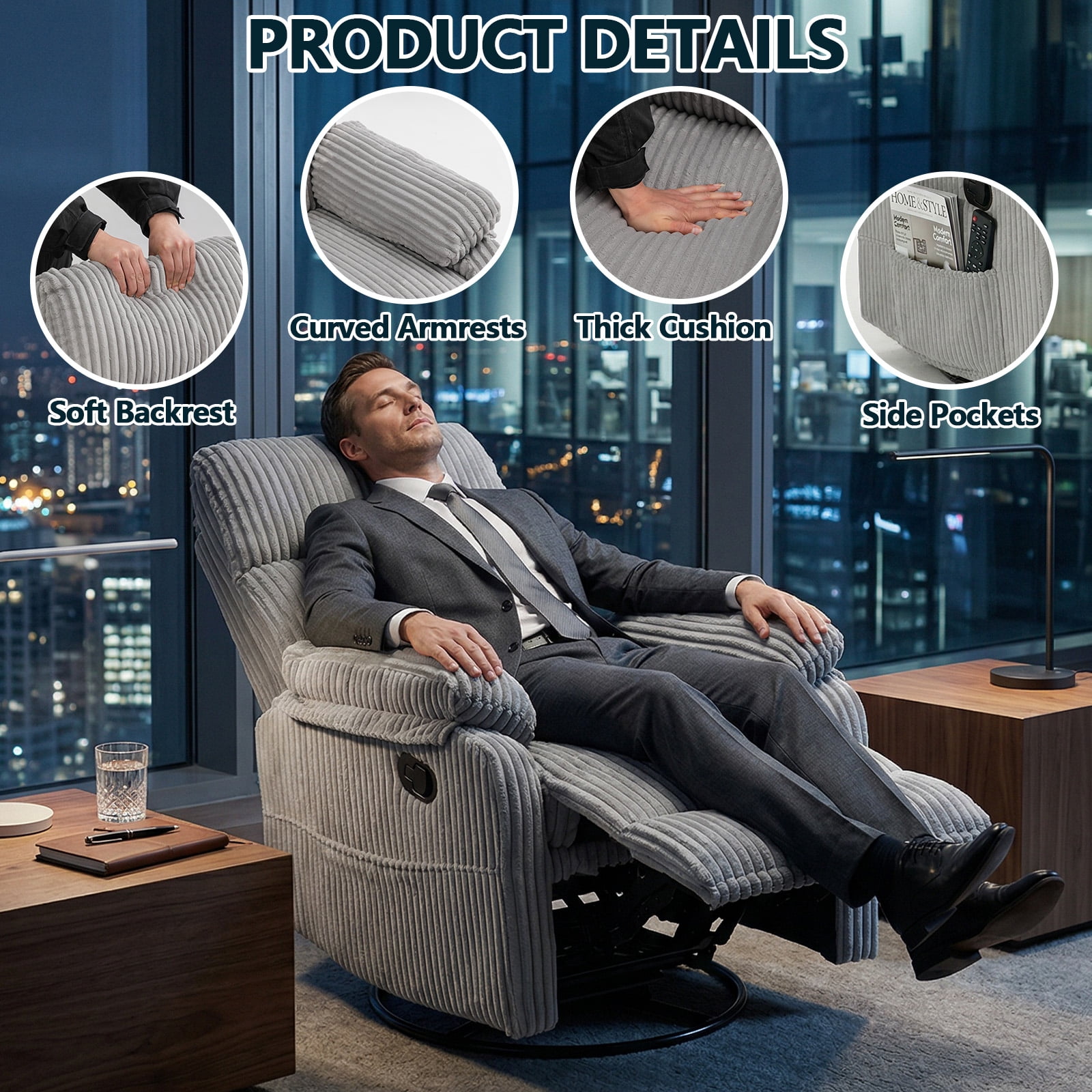 Leumius Swivel Recliner Chair,360° Swivel Rocker Chair for Living Room,Upholstered Nursery Glider Recliner Chair for Small Spaces,Manual Recliner for Adults for Home Theater,Light Gray