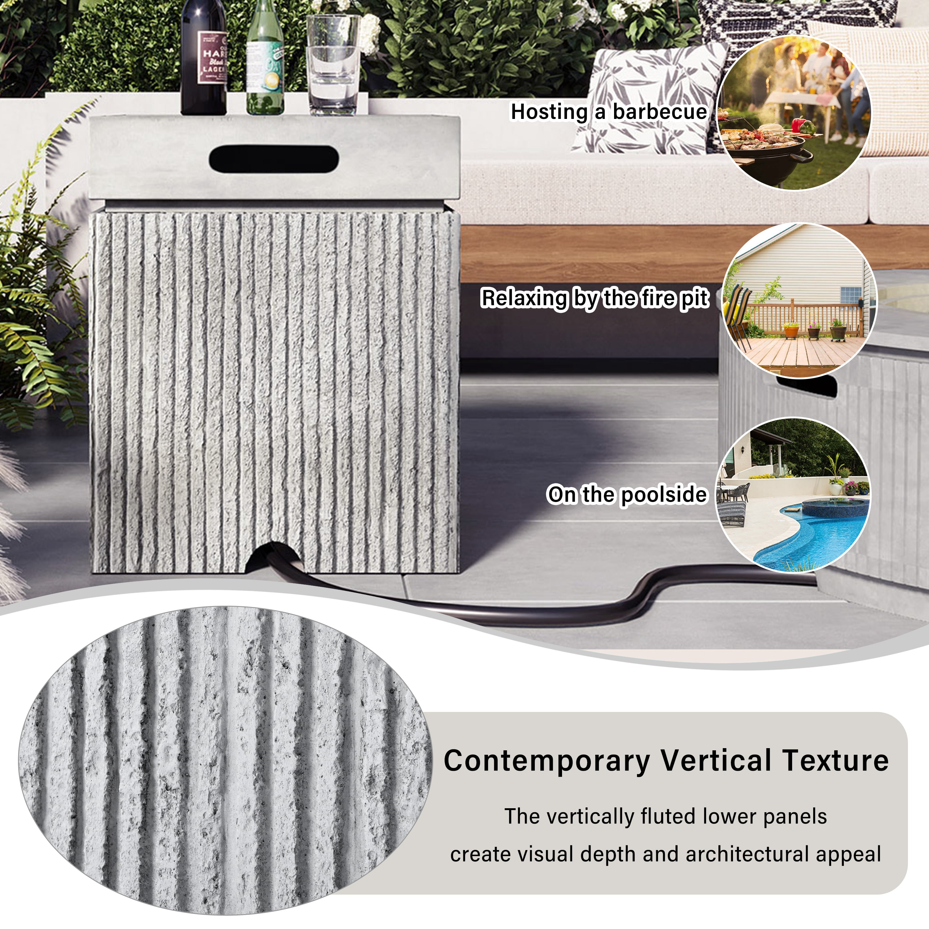 Mintazer 15.75" Outdoor Propane Tank Cover Table with Side Handles & Protective Cover, Side Table with Vertical Fluted Texture for Fire Pit Patio Backyard, No Assembly Needed, Gray