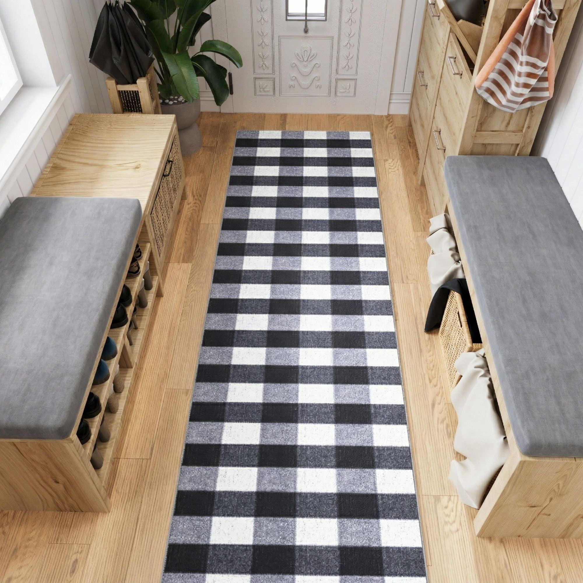 Ottomanson Extra Long Runner Rug 2'7" x 41' – Non-Slip Low Pile Hallway Carpet, Buffalo Plaid Black/White