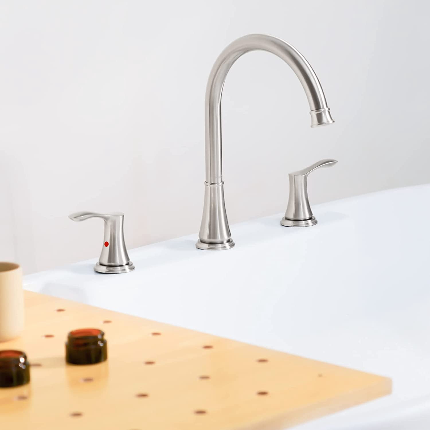 PARLOS High Arc 2-Handle Widespread Roman Tub Faucet with Valve & Faucet Supply Lines, Brushed Nickel