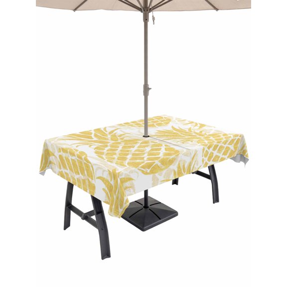 Outdoor Tablecloths with Umbrella Hole & Zipper, Yellow Pineapple Tablecloth Rectangle 60x84 Inch, Summer Botanical Tropical Fruits Waterproof Table Cloth, Patio/Pool/Picnic Table Covers