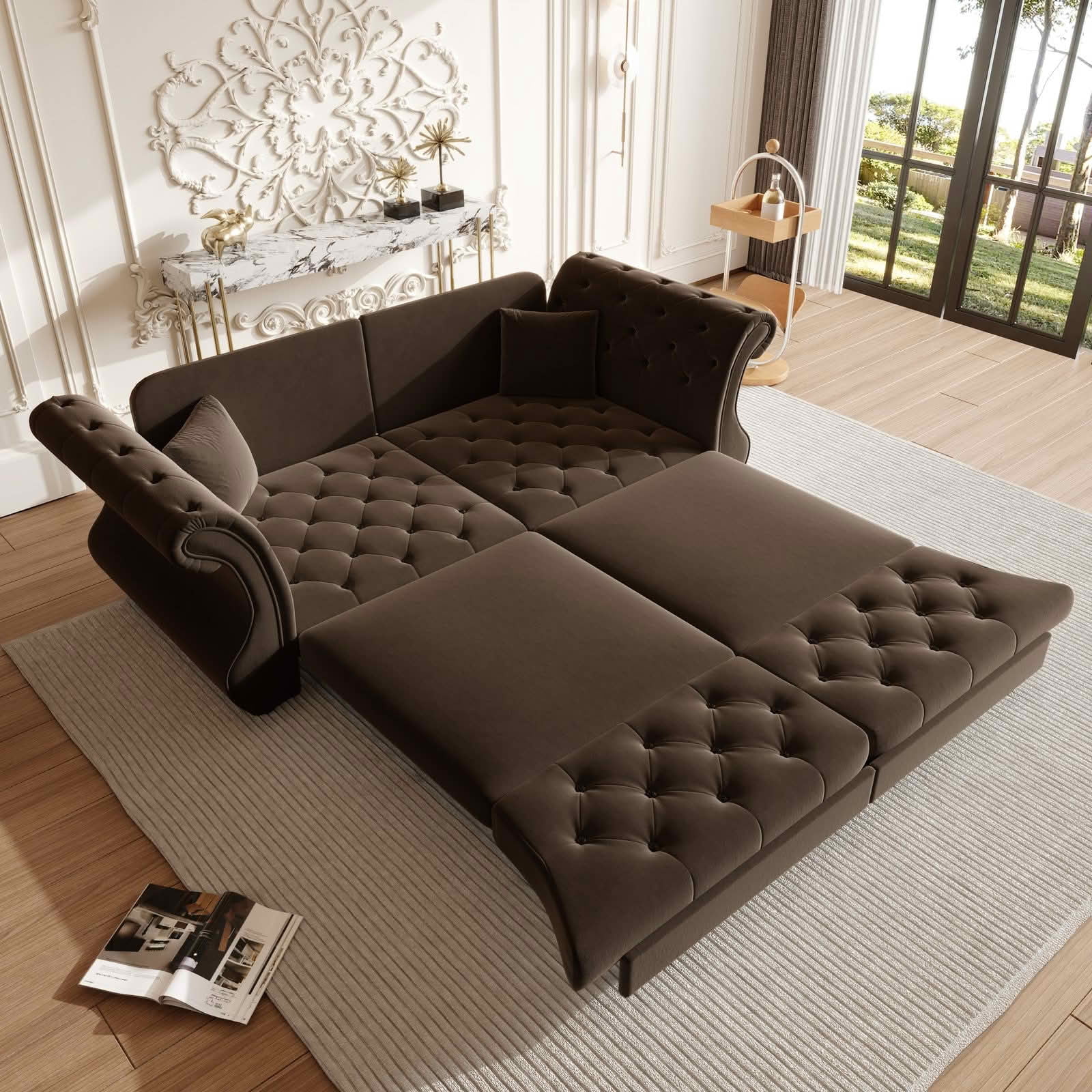MAYEERTY 83.8" Chesterfield Pull‑Out Sofa Bed, Classic Roll‑Arm Velvet Couch with Flower Tufting, 2 Pillows Included for Living Room, Bedroom and Apartment