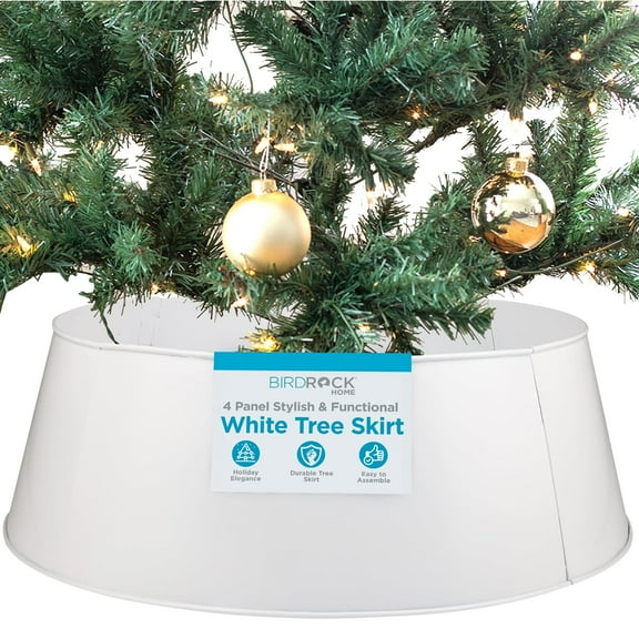 BIRDROCK HOME 4-Panel Christmas Tree Collar - White - Metal Holiday Skirt Decor - Water Base Protection from Pets