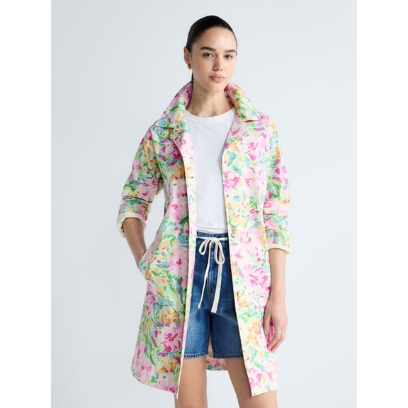 Free Assembly Women's and Women's Plus Floral Car Coat with Long Sleeves, Sizes XS-4X