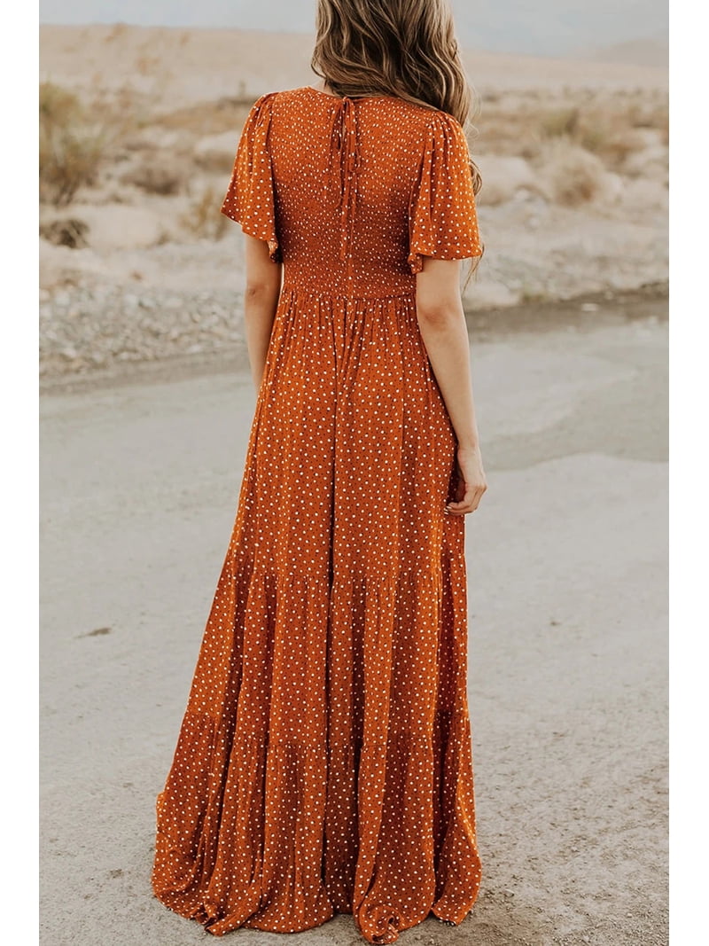 Kranda Women Round Neck Flutter Sleeve Smocked Pleats Ruffle Maxi Long  Floral Dress for Daily,Party,Date,Work,Maternity, Camel XL - Walmart.com