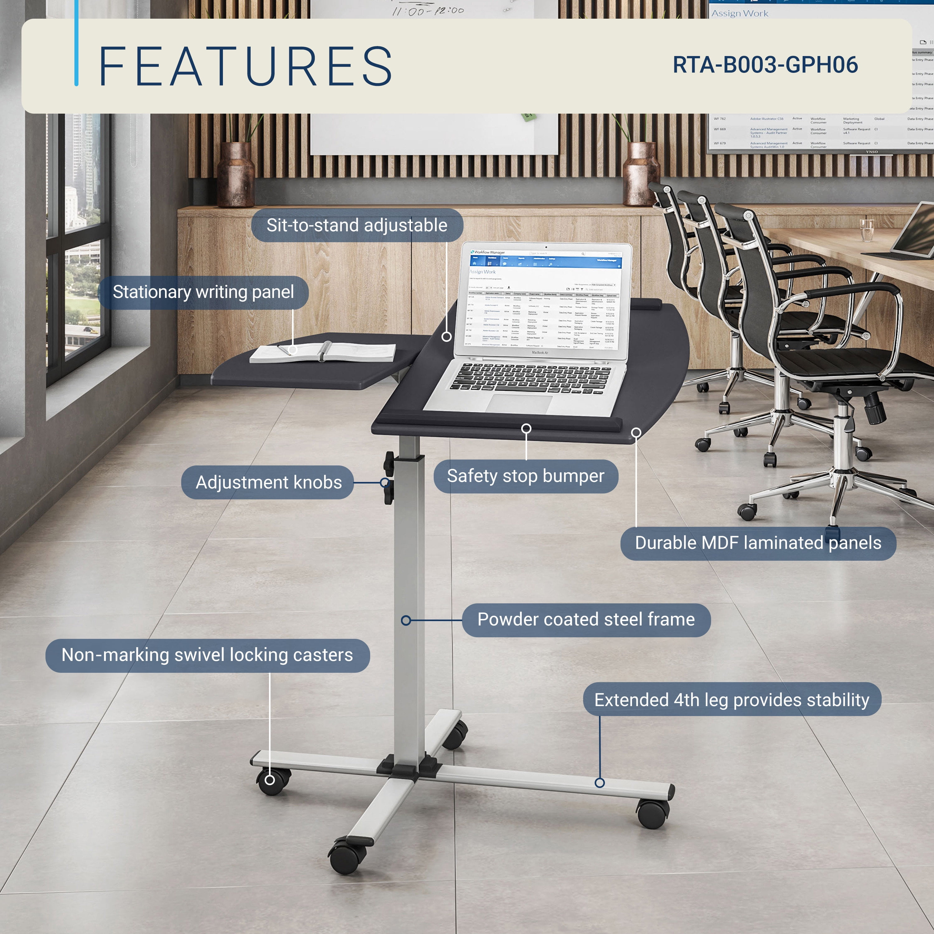 Rolling Adjustable Laptop Cart, Height & Tilt Adjustable Laptop Stand with Locking Casters, Anti-Slip Edge Stoppers, MDF Panel Mobile Workstation