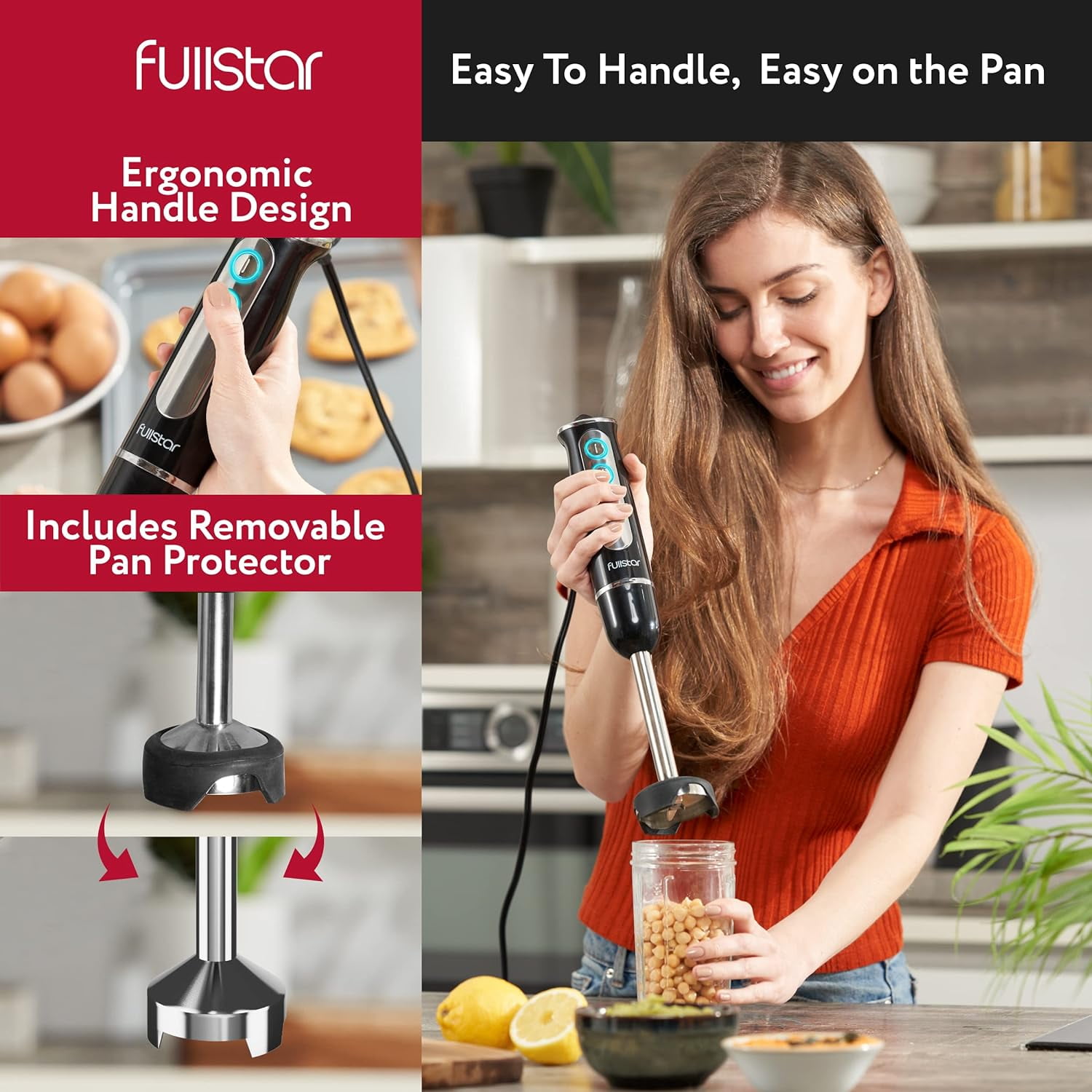 Fullstar - Handheld Electric Immersion Blender, 9-Speed, Hand Mixer for Kitchen - 3-in-1, Black