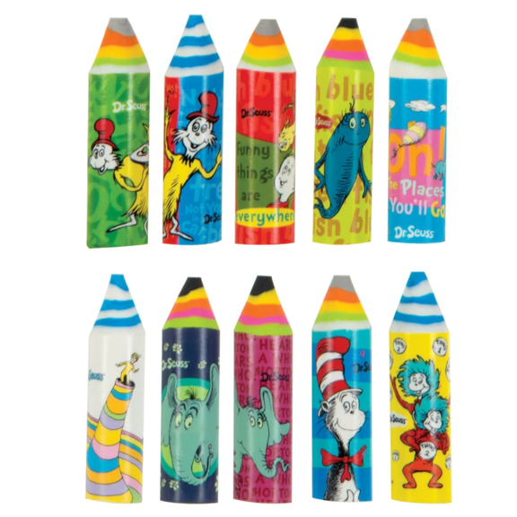 Crayon Shape Erasers Colorful Party Favor 12 Count Value Pack compatible with Dr. Seuss Theme
