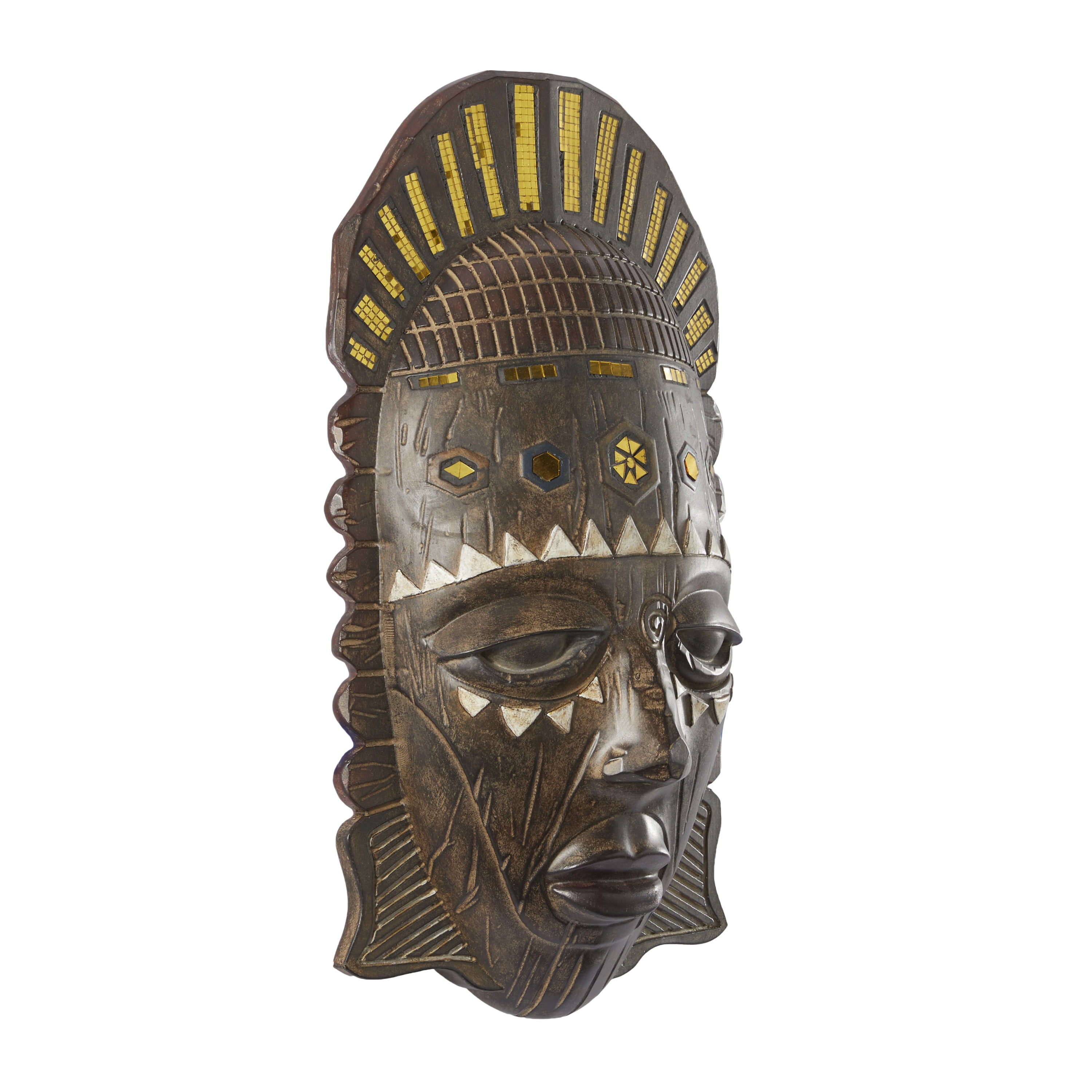 DecMode Brown Polystone Mask African Tribal Home Wall Decor with Cream and Navy Carvings and Mirrored Gold Accents, 11" x 20" x 6"