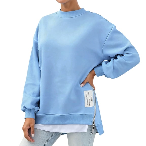 Fiaer Womens Sweatshirts Crew Neck Side Zipper Pullovers Long Sleeve Loose Fit Casual Trendy Solid Color Plus Size Tops Sky Blue XL