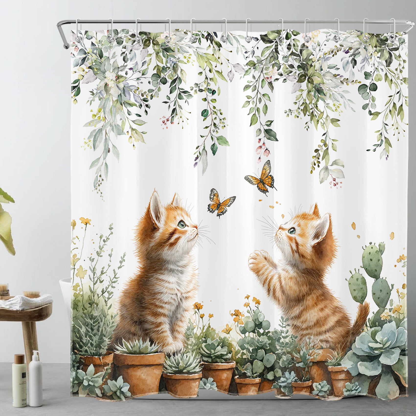 Cat Shower Curtain Cat Fluttering Butterfly Green Leaf Plants Bathroom Shower Curtain Funny Spring Home Decor Waterproof Durable Shower Curtain Accessories with 12 Hooks 72x78 Inches