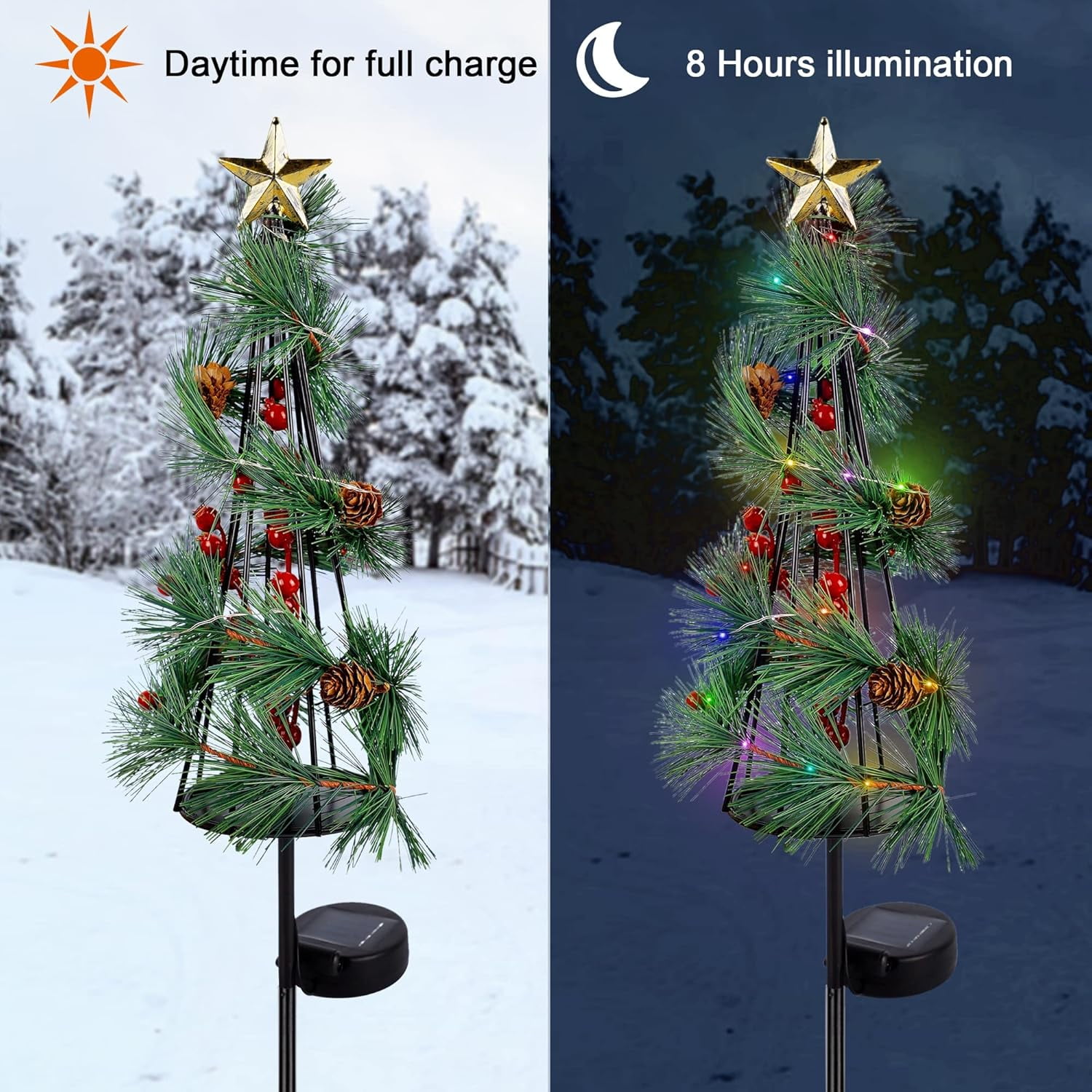 MAGGIFT Christmas Lighted Solar Stake Lights, Outdoor Solar Powered LED Xmas Tree Yard Signs with Star, Light Up Pathway Lights with Multicolor LED, Metal Tree Garden Stakes Lawn Ornament, Set of 2