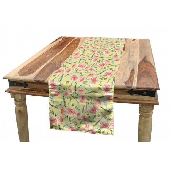 Floral Table Runner, Blossoming Twigs Buds Romantic Garden Art Flowers Illustration, Dining Room Kitchen Rectangular Runner, 3 Sizes, by Ambesonne
