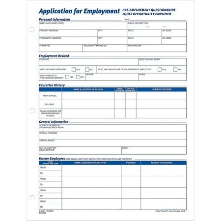 32851 Employee Application Form, 8-3/8 x 11, 50 Forms/Pad, 2 Pads/Pack